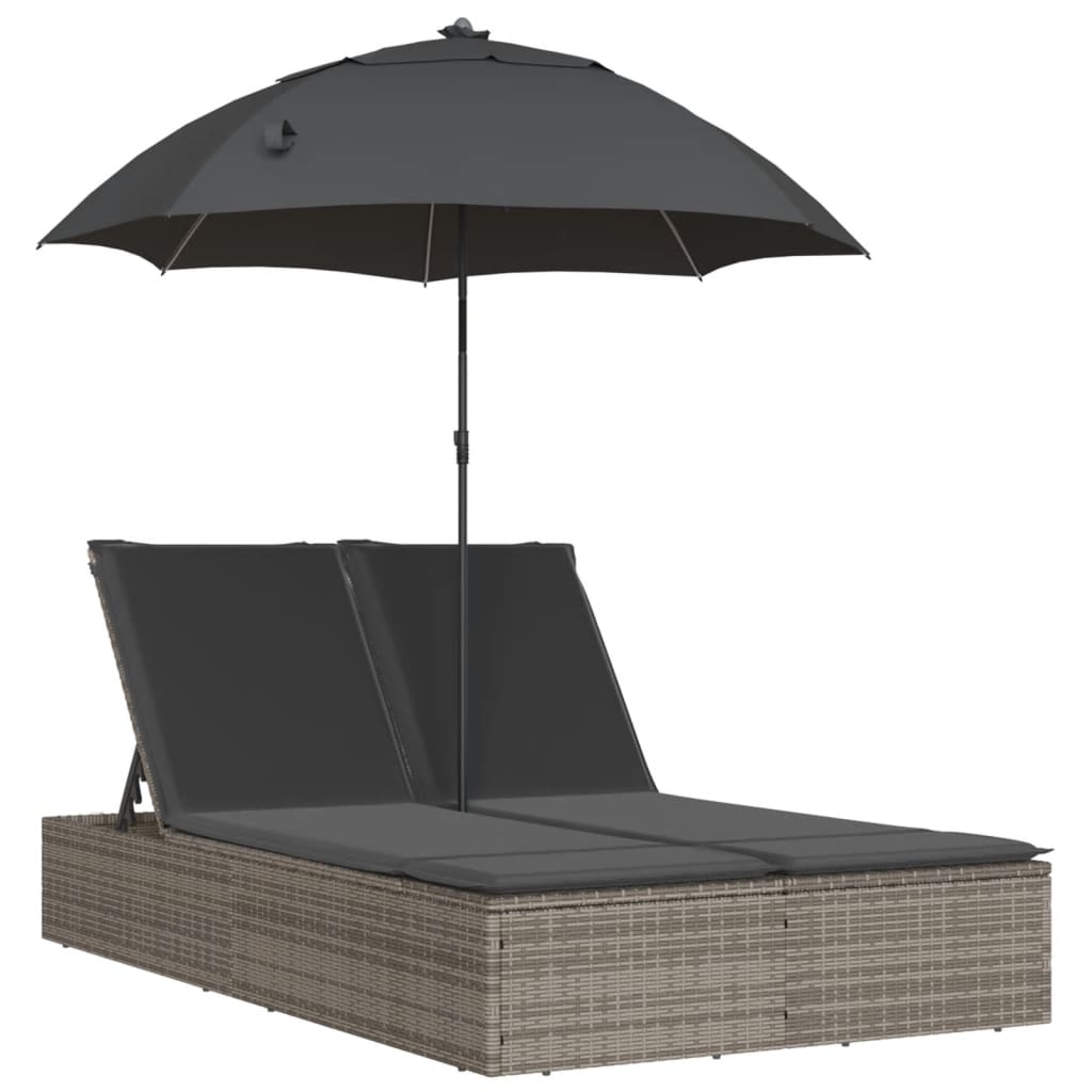 dobbelt loungesofa med hynder og parasol polyrattan grå