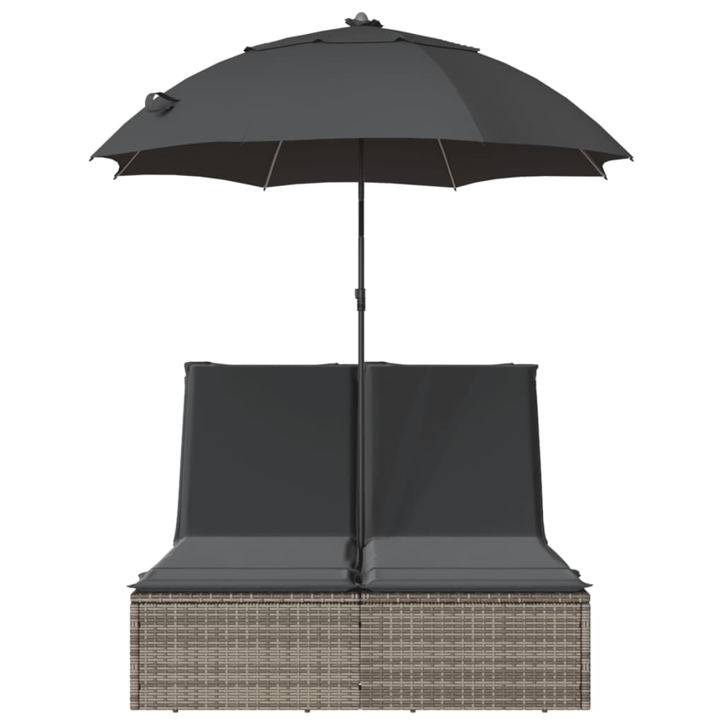 dobbelt loungesofa med hynder og parasol polyrattan grå