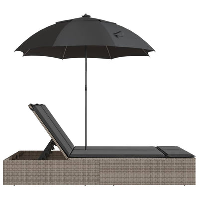 dobbelt loungesofa med hynder og parasol polyrattan grå