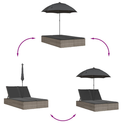 dobbelt loungesofa med hynder og parasol polyrattan grå