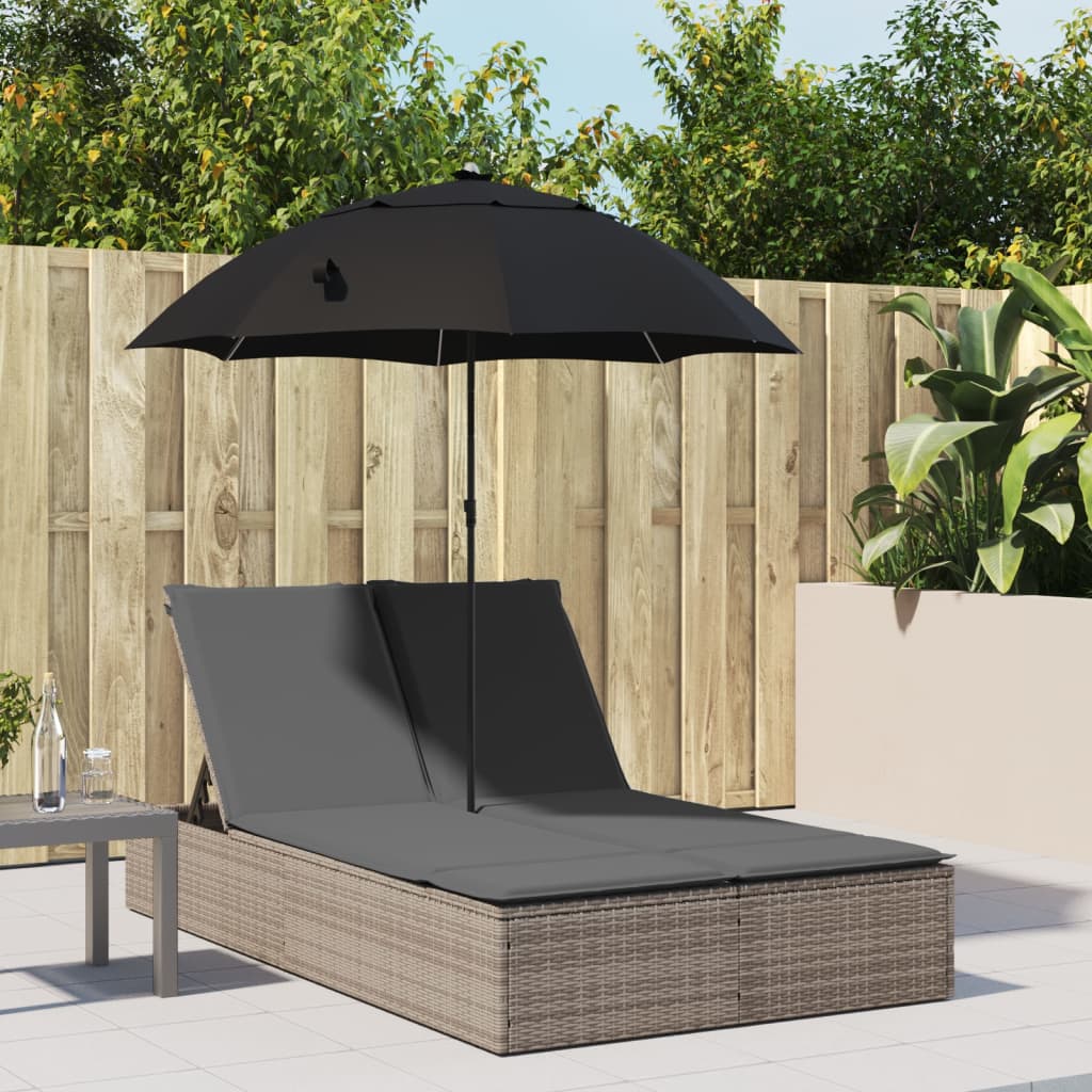 dobbelt loungesofa med hynder og parasol polyrattan grå