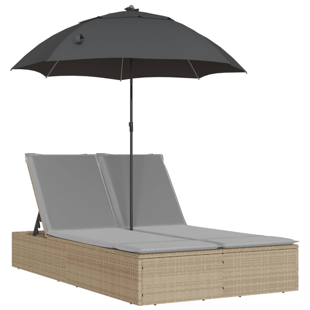 dobbelt loungesofa med hynder og parasol polyrattan beige