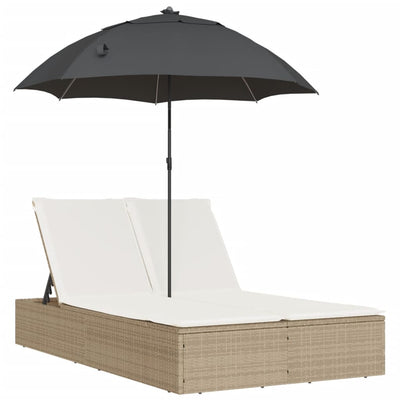 dobbelt loungesofa med hynder og parasol polyrattan beige