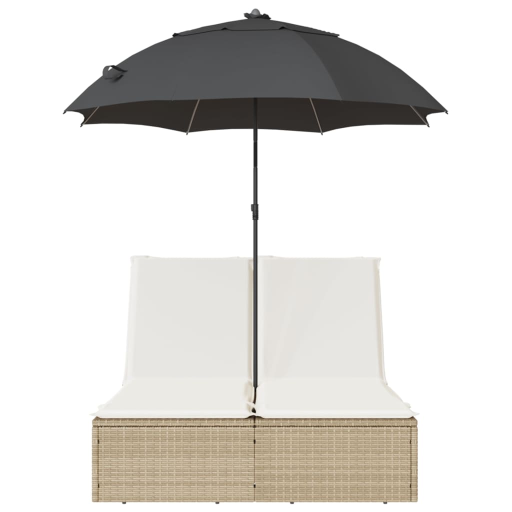 dobbelt loungesofa med hynder og parasol polyrattan beige