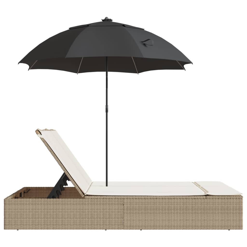 dobbelt loungesofa med hynder og parasol polyrattan beige