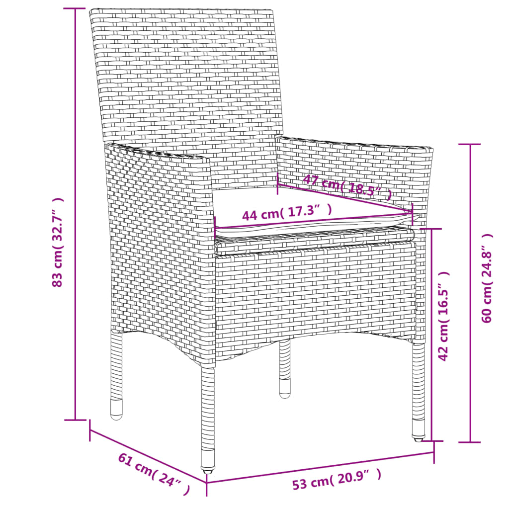 havestole med hynder 2 stk. polyrattan sort