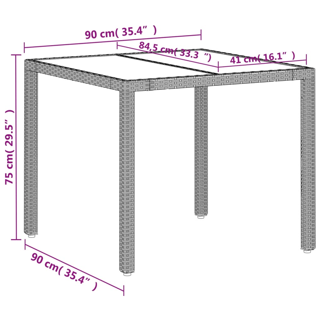 havebord med glastop 90x90x75 cm polyrattan lysegrå