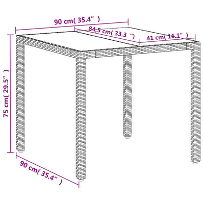 havebord med glastop 90x90x75 cm polyrattan hvid