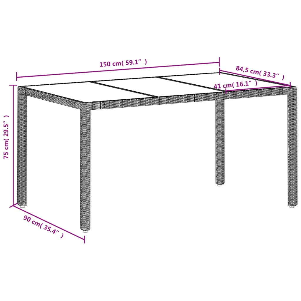 havebord med glastop 150x90x75 cm polyrattan lysegrå