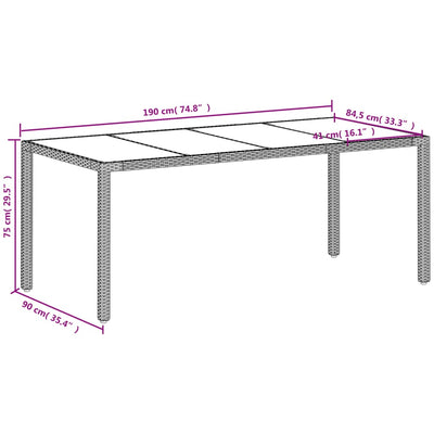 havebord med glastop 190x90x75 cm polyrattan hvid