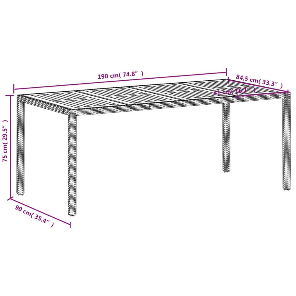 havebord 190x90x75 cm polyrattan og massivt akacietræ beige