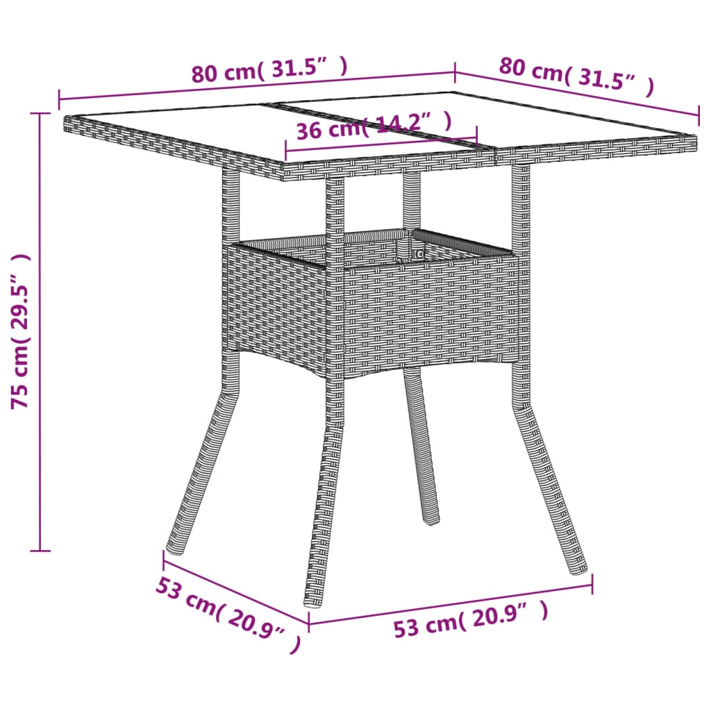 havebord med glastop 80x80x75 cm polyrattan lysegrå