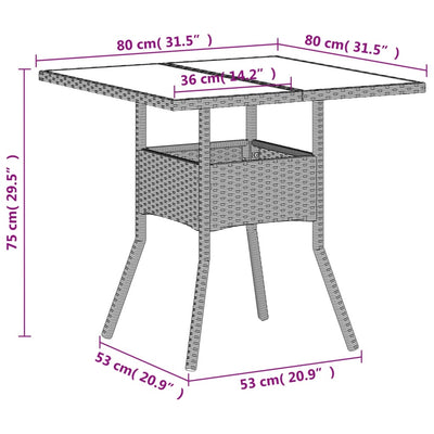 havebord med glastop 80x80x75 cm polyrattan lysegrå