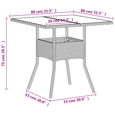 havebord med glastop 80x80x75 cm polyrattan hvid