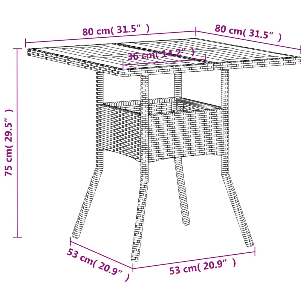 havebord 80x80x75 cm polyrattan og akacietræ sort