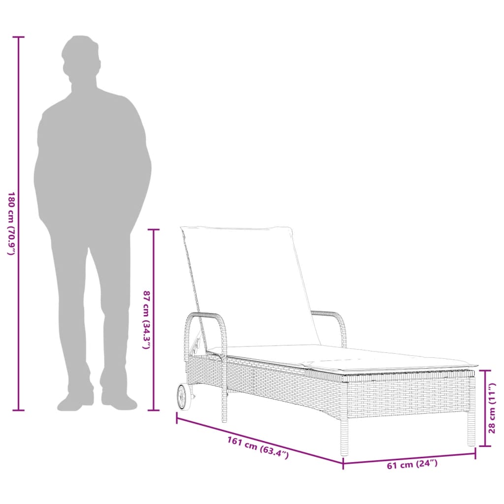 liggestol med hjul og hynde polyrattan brun