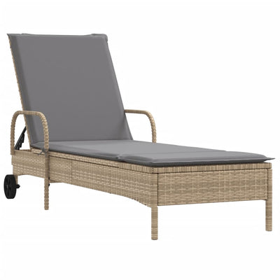 liggestol med hjul og hynde polyrattan beige