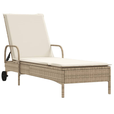 liggestol med hjul og hynde polyrattan beige