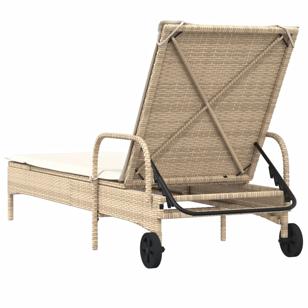 liggestol med hjul og hynde polyrattan beige