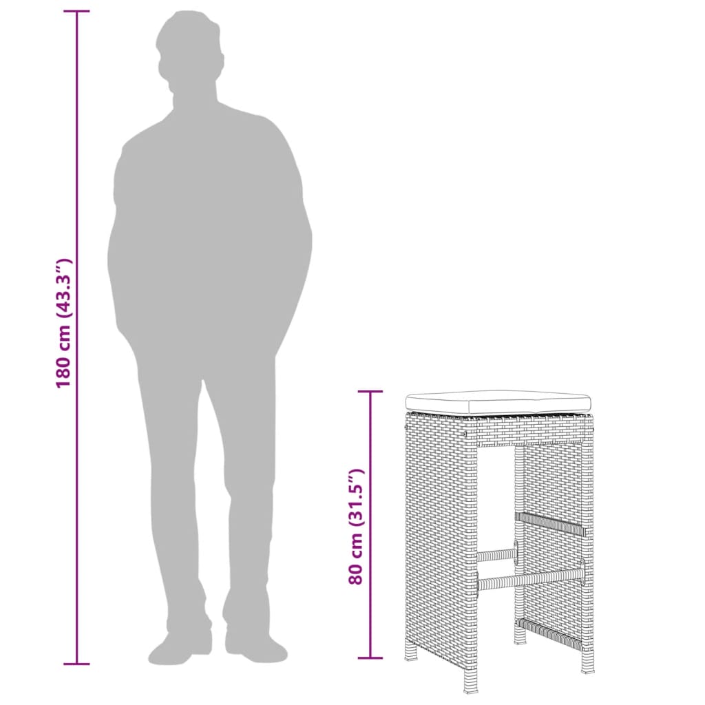 barstole til haven med hynder 6 stk. polyrattan sort