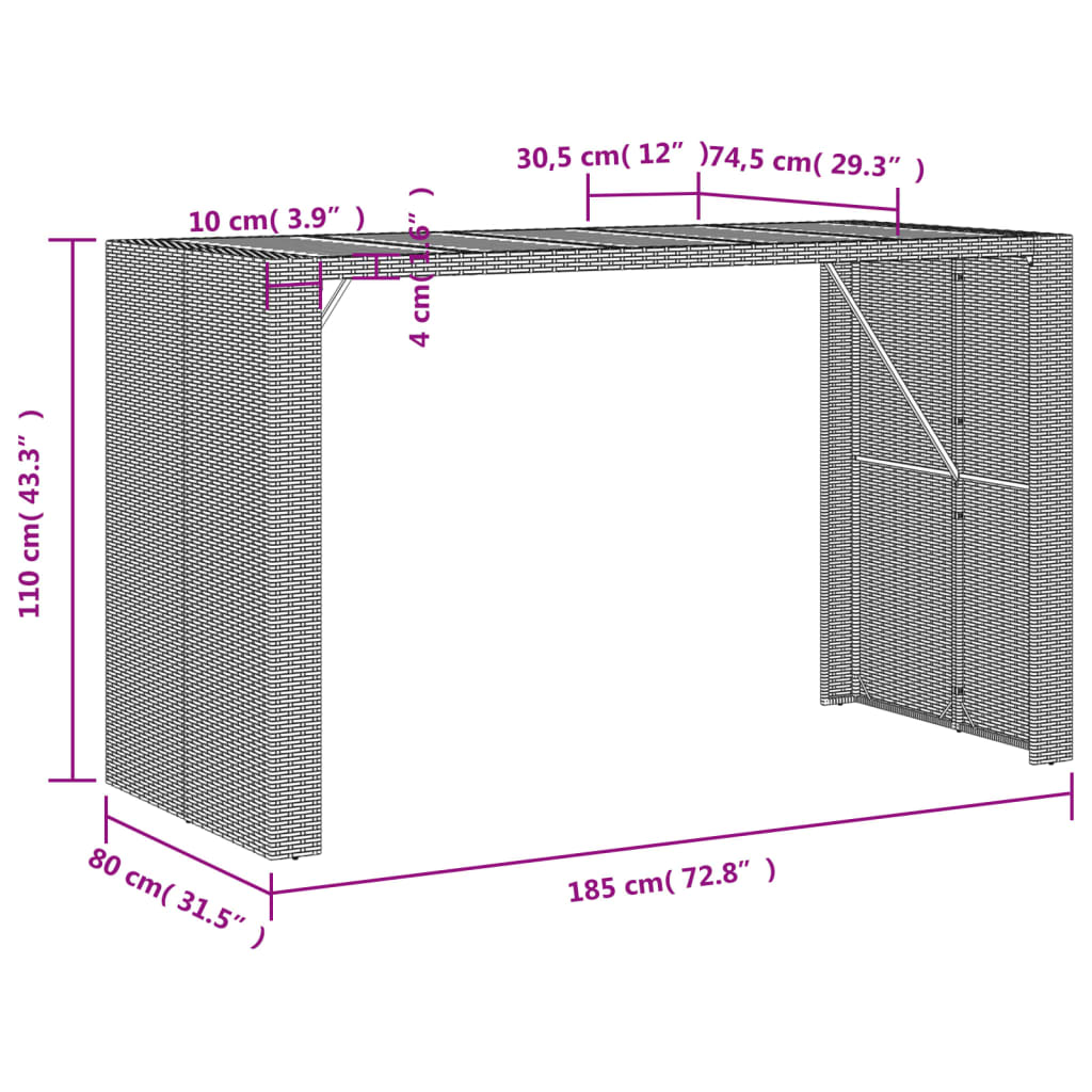 havebord med akacietop 185x80x110 cm polyrattan sort