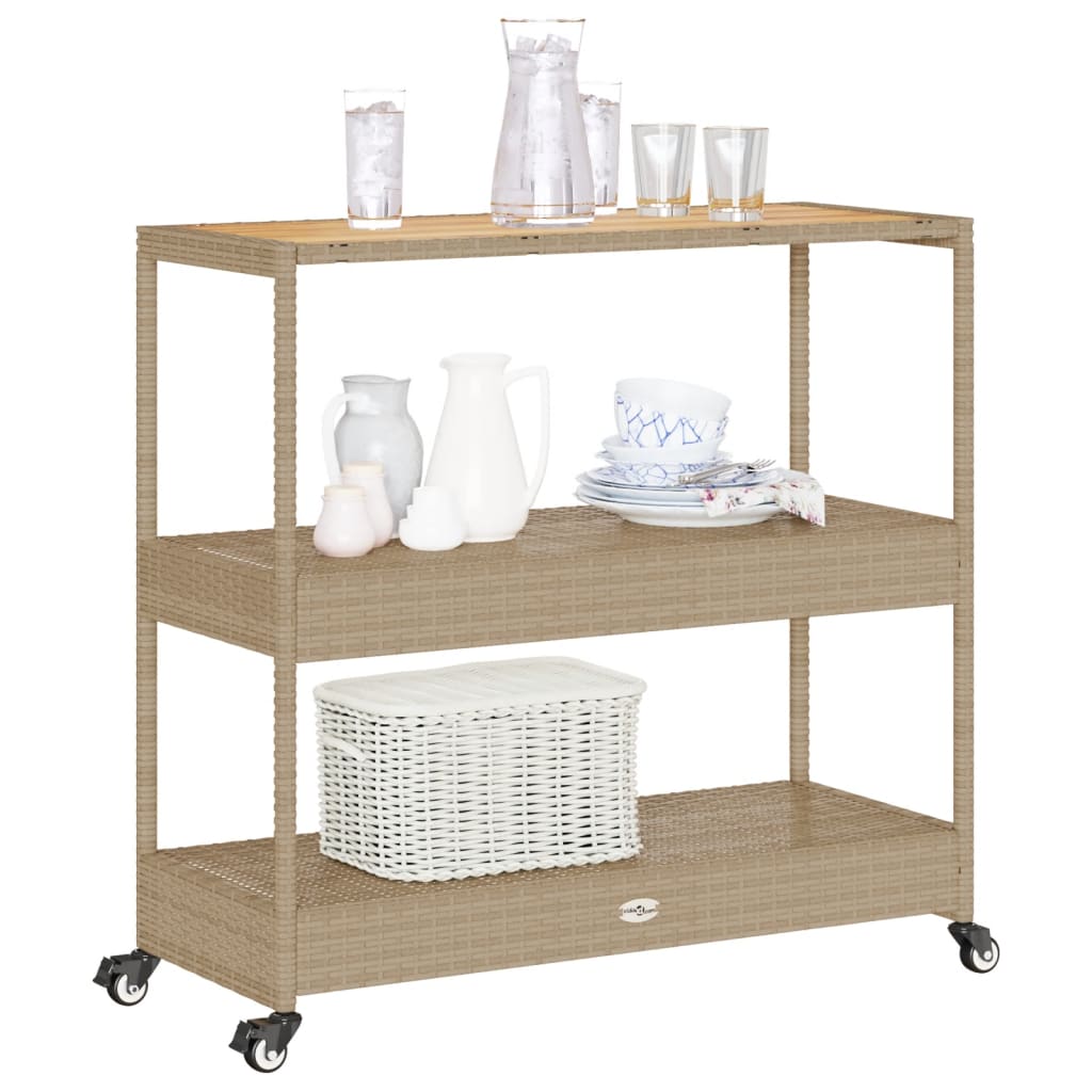 barvogn med 3 hylder polyrattan og massivt akacietræ beige