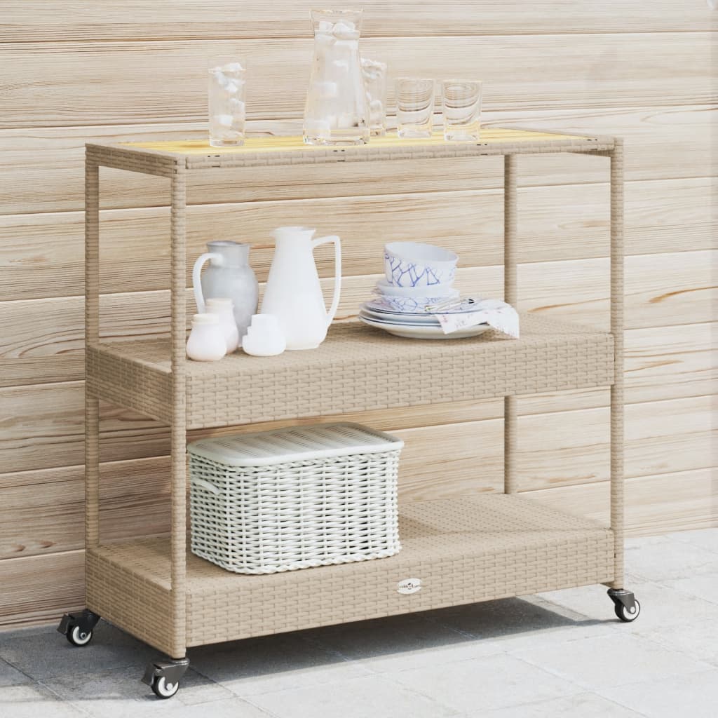 barvogn med 3 hylder polyrattan og massivt akacietræ beige