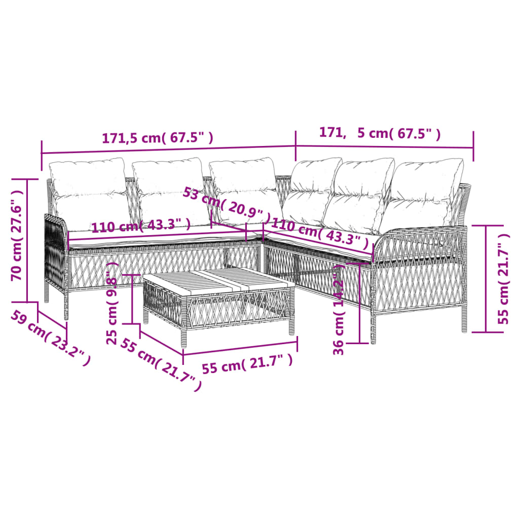 sofasæt til haven 2 dele med hynder polyrattan sort