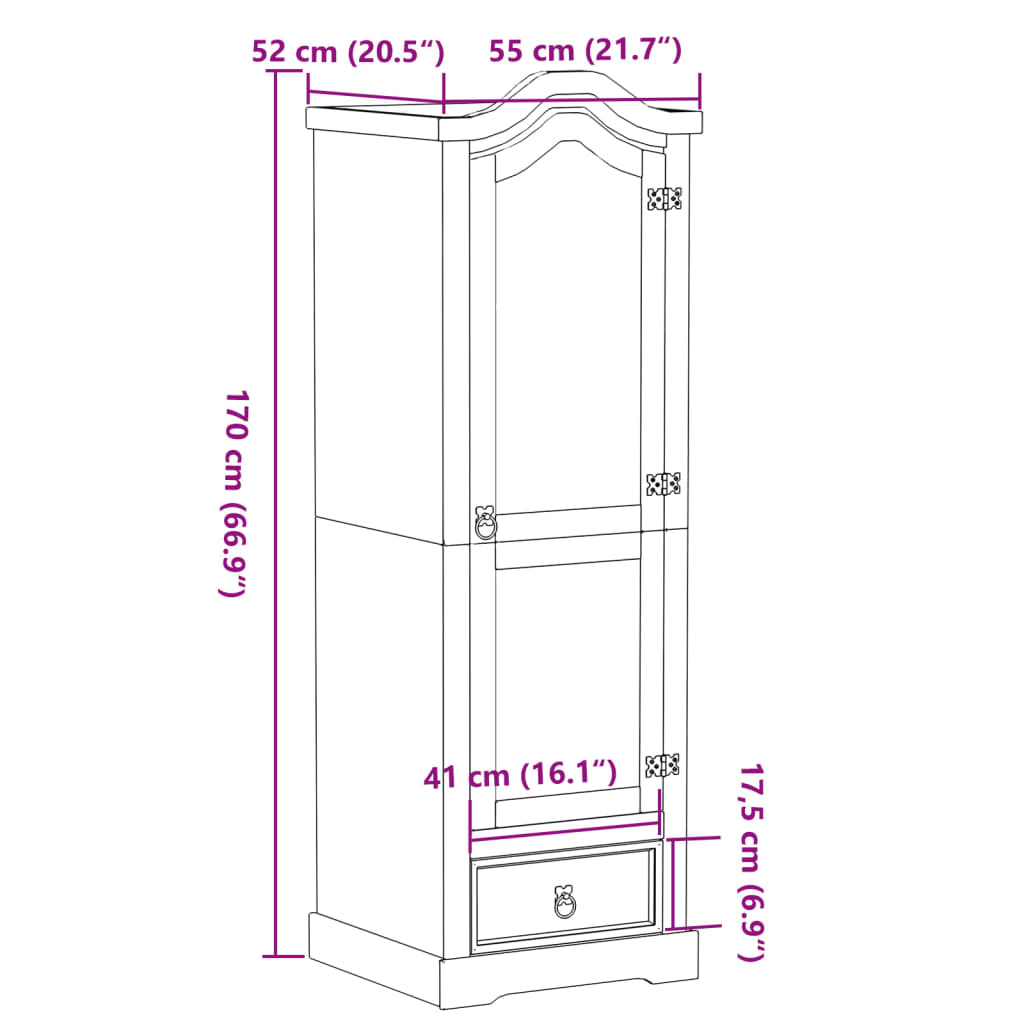 klædeskab Corona 55x52x170 cm massivt fyrretræ