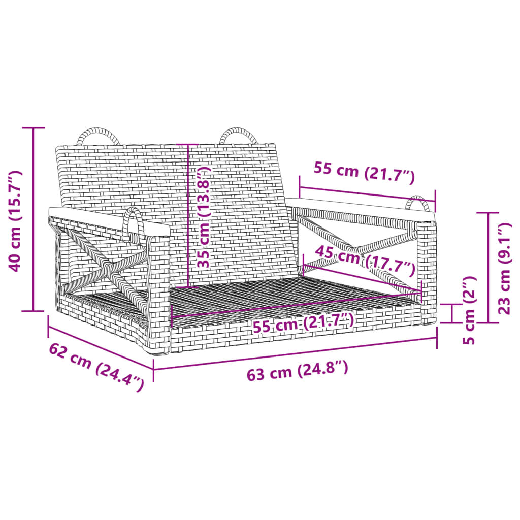 gyngebænk 63x62x40 cm polyrattan grå