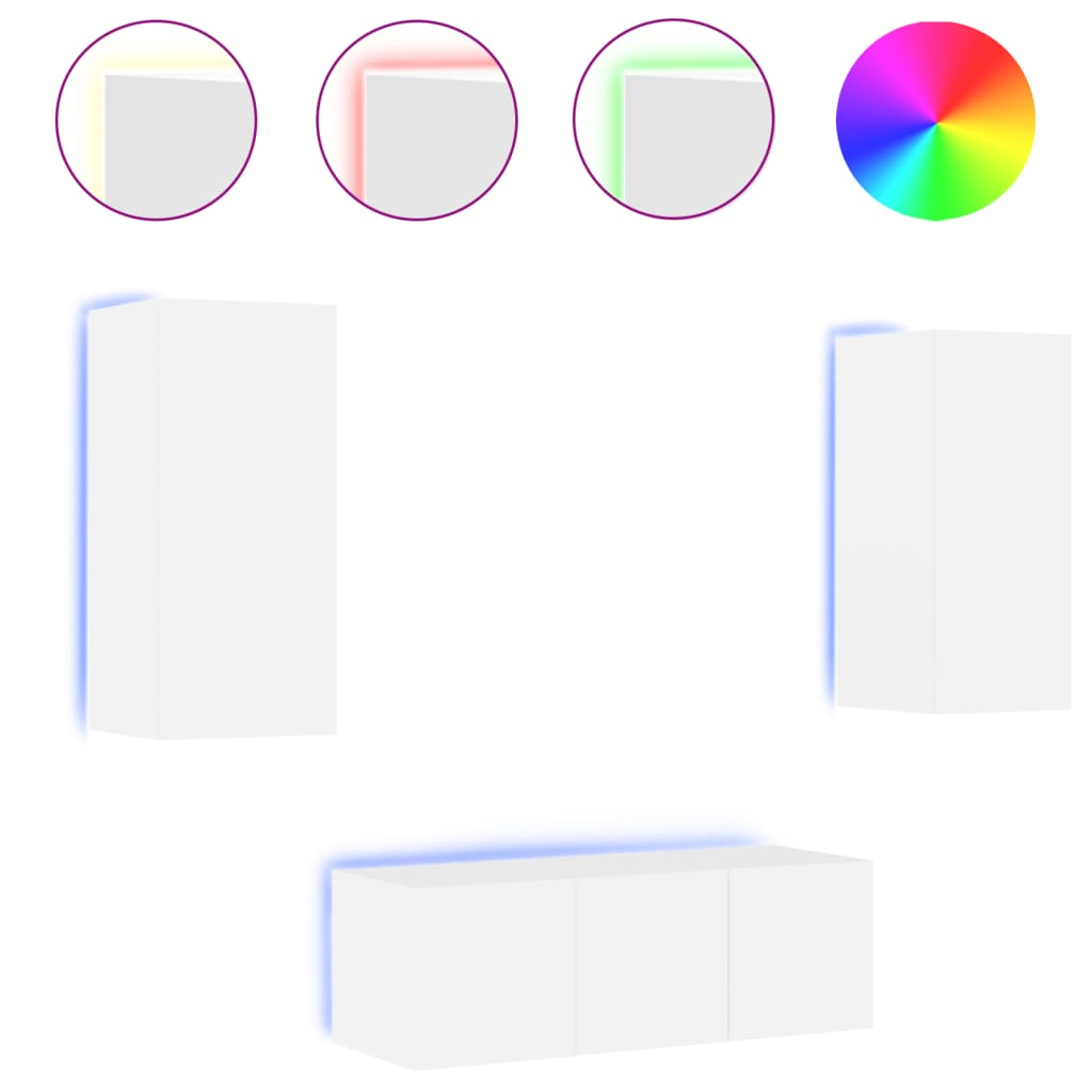 tv-møbel til væg 4 dele med LED-lys konstrueret træ hvid