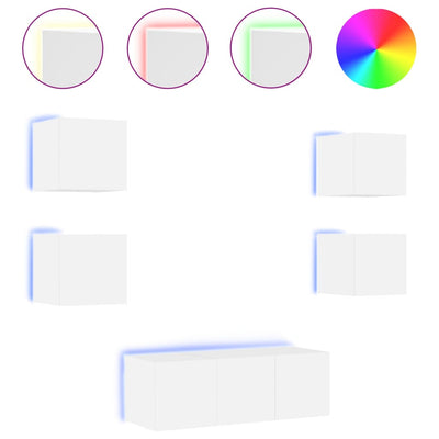 tv-møbel til væg 6 dele med LED-lys konstrueret træ hvid
