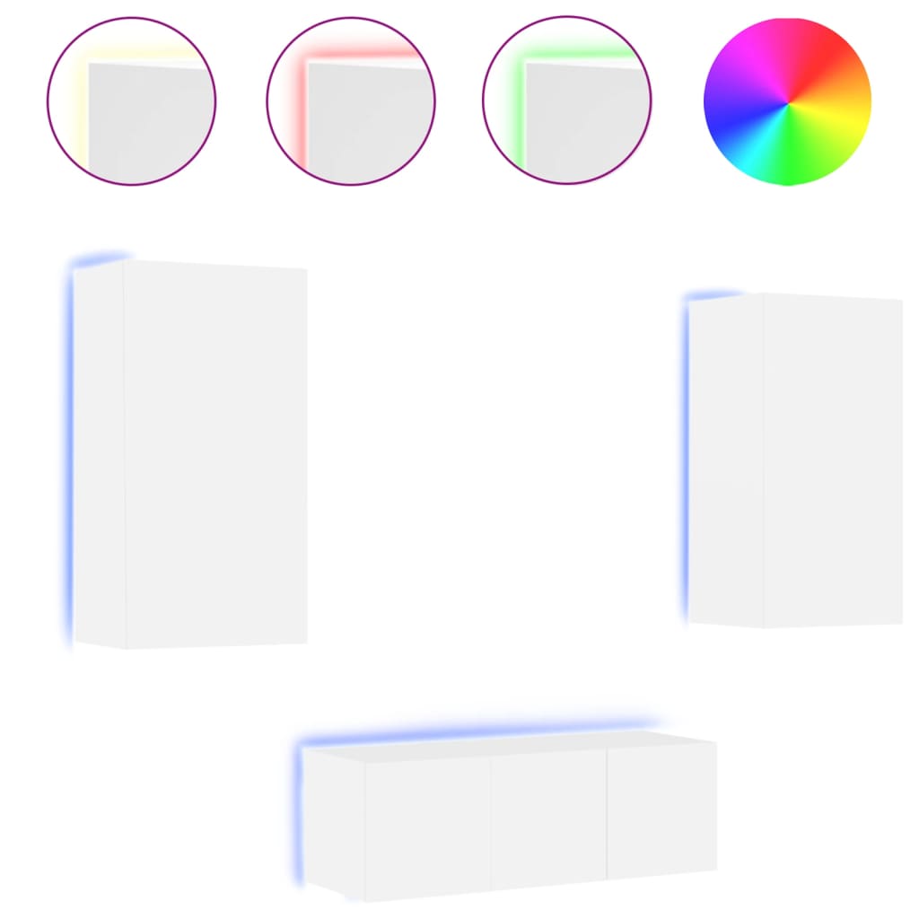 tv-møbel til væg 4 dele med LED-lys konstrueret træ hvid