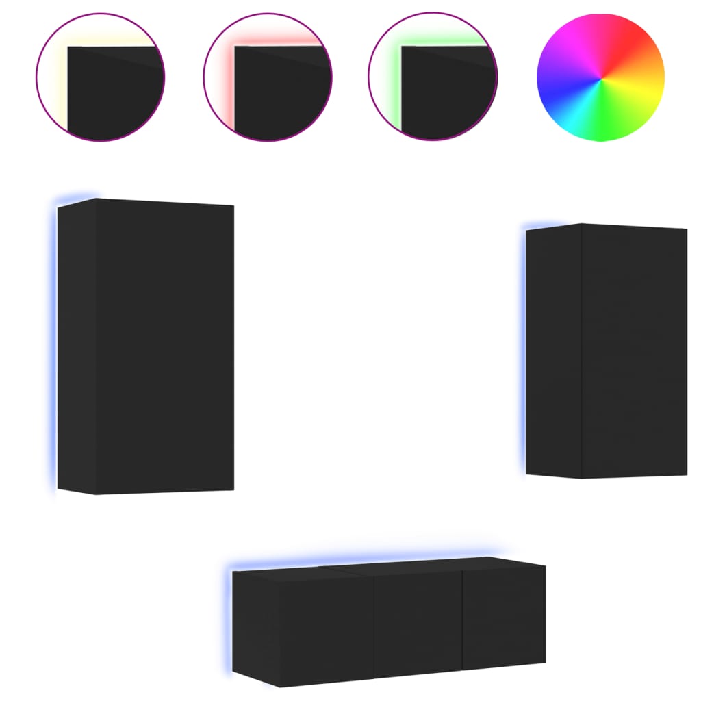 tv-møbel til væg 4 dele med LED-lys konstrueret træ sort
