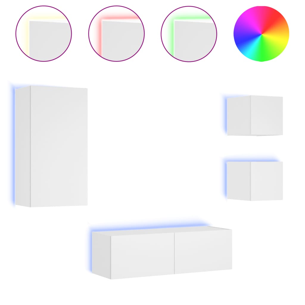 tv-møbel til væg med LED-lys 4 dele konstrueret træ hvid