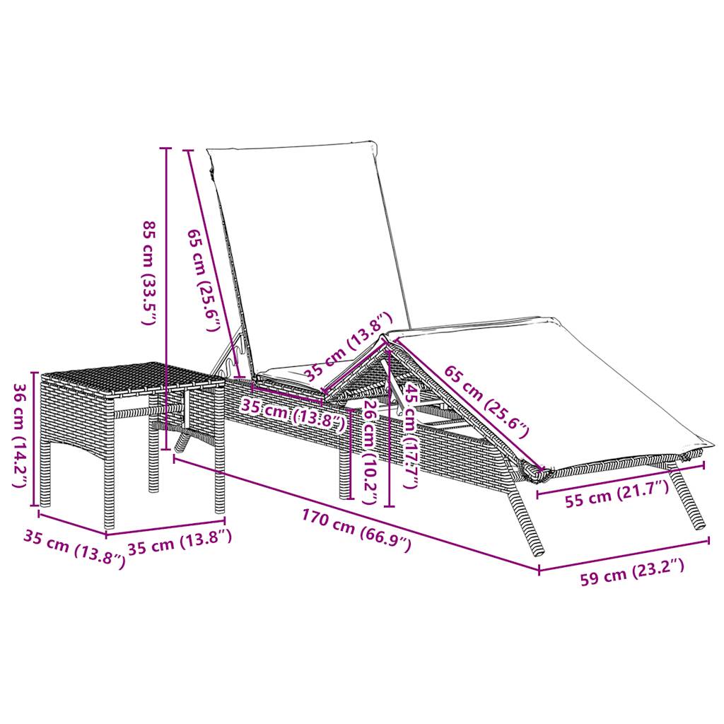 liggestole 2 stk. med bord polyrattan brun