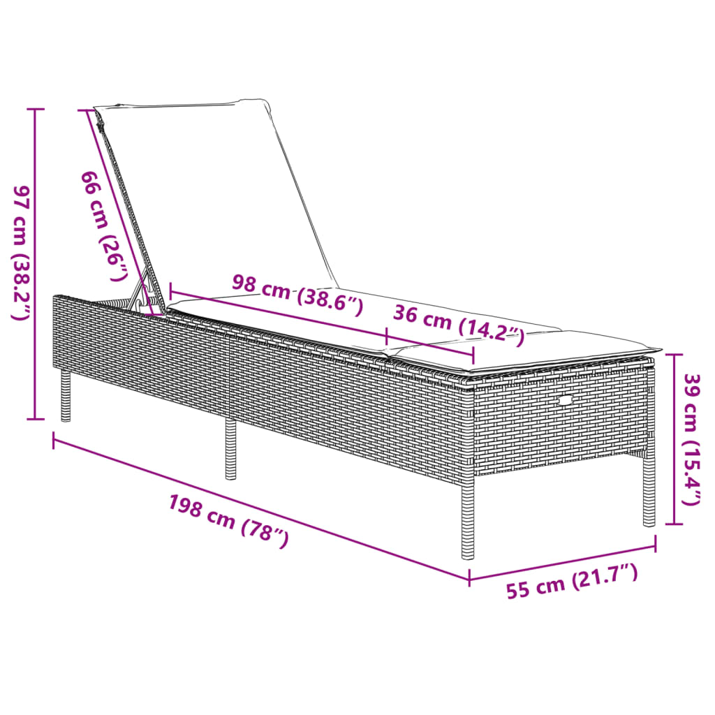 liggestol med hynde polyrattan sort