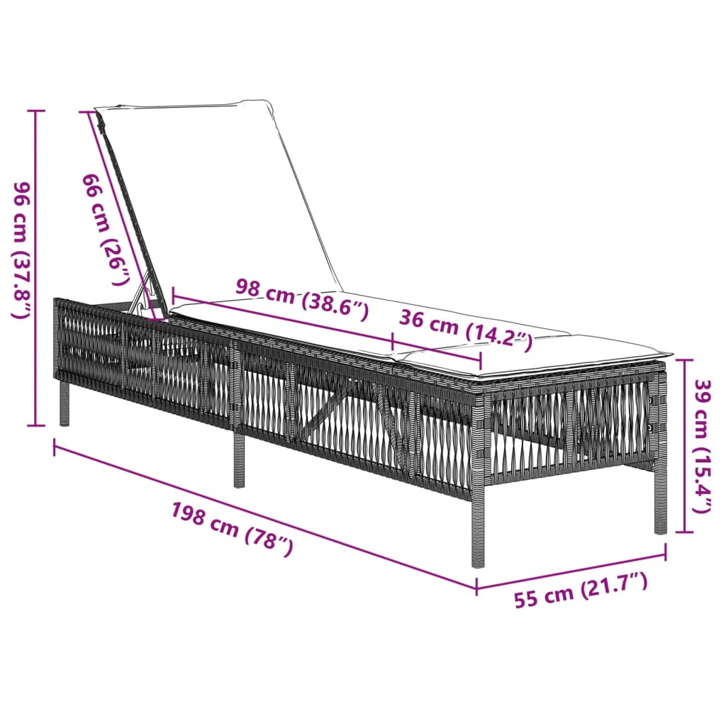 liggestol med hynde polyrattan lysegrå