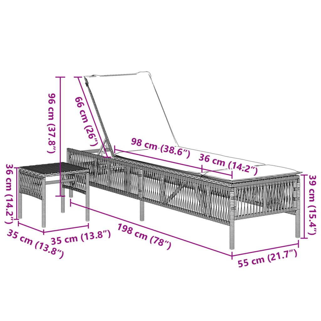 liggestole 2 stk. med bord polyrattan grå