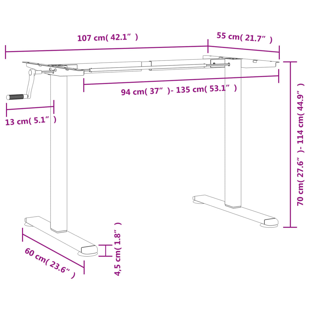 stel til stå-skrivebord (94-135)x60x(70-114) cm stål hvid