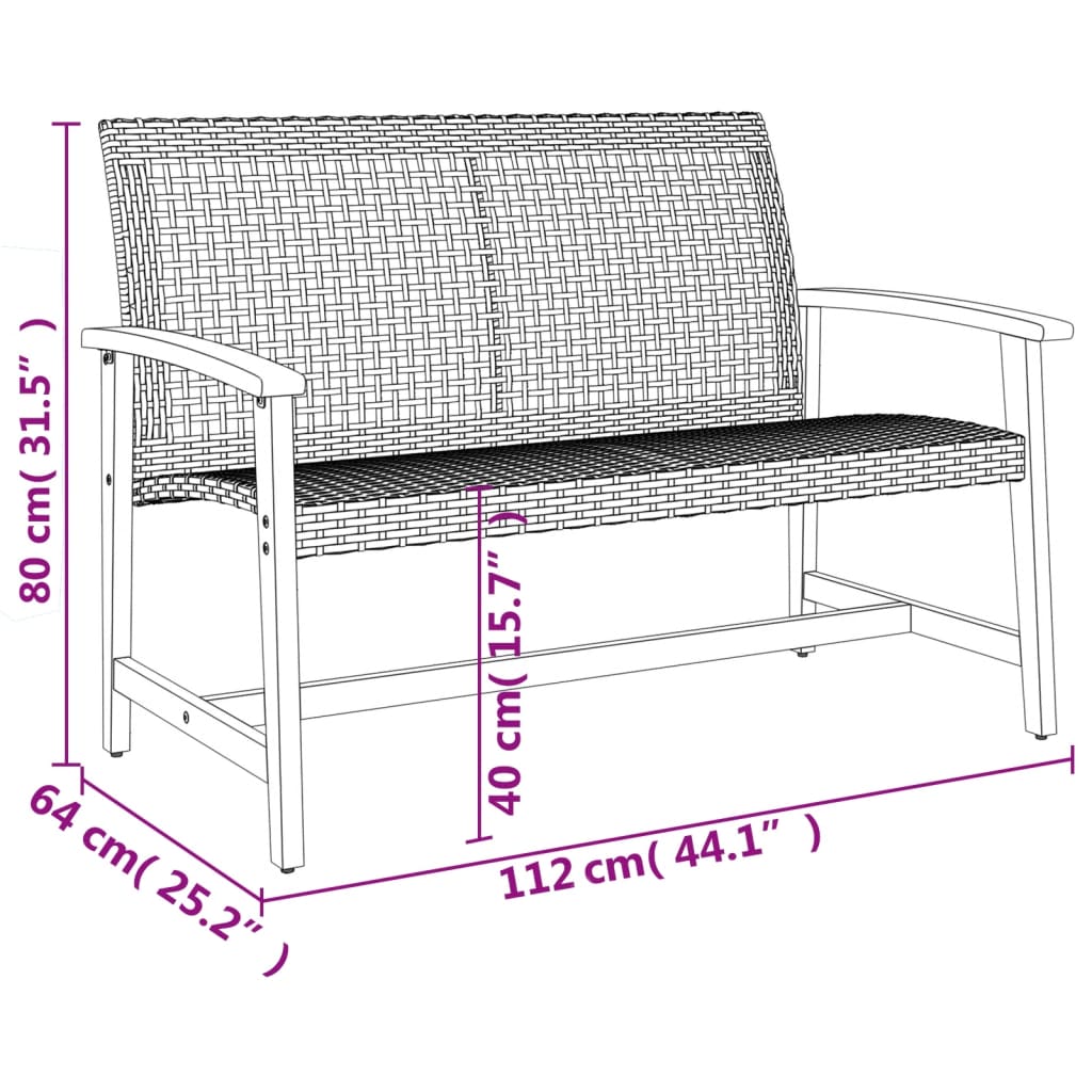 havebænk 112 cm polyrattan og akacietræ sort