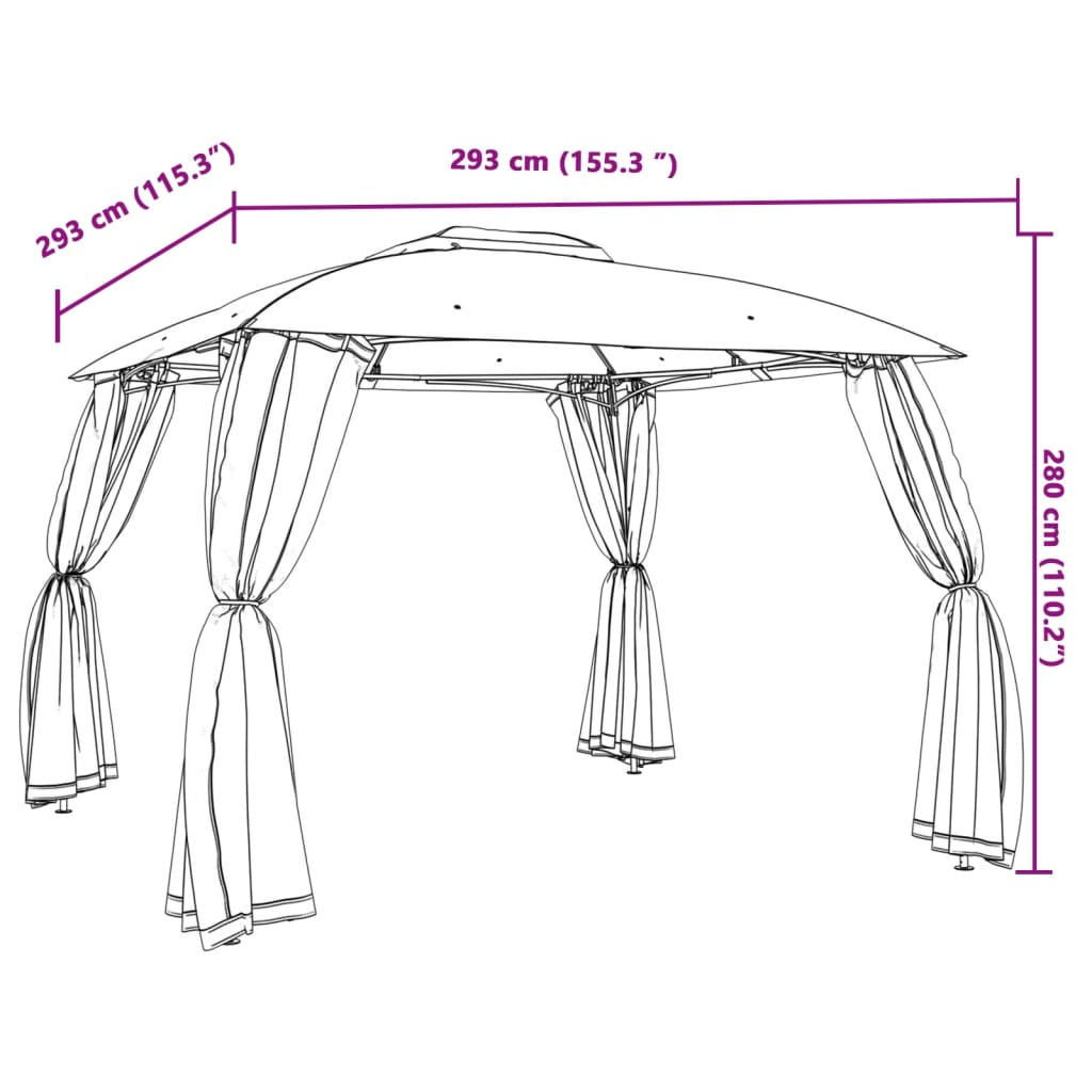 pavillon 2,93x2,93 m dobbelt tag + meshvægge stål gråbrun