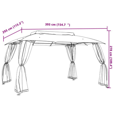 pavillon 3,93x2,93 m dobbelt tag + meshvægge stål gråbrun