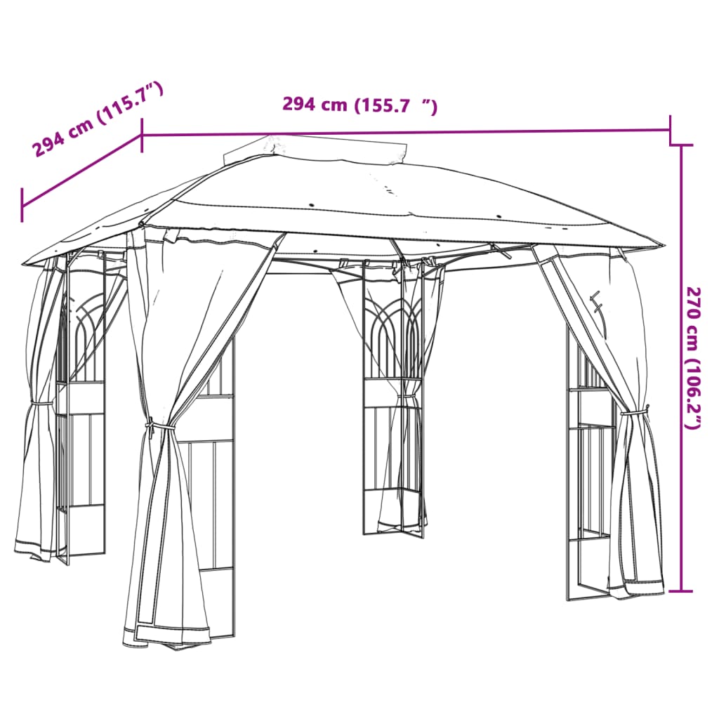 pavillon 2,94x2,94 m dobbelt tag + meshvægge stål cremefarvet