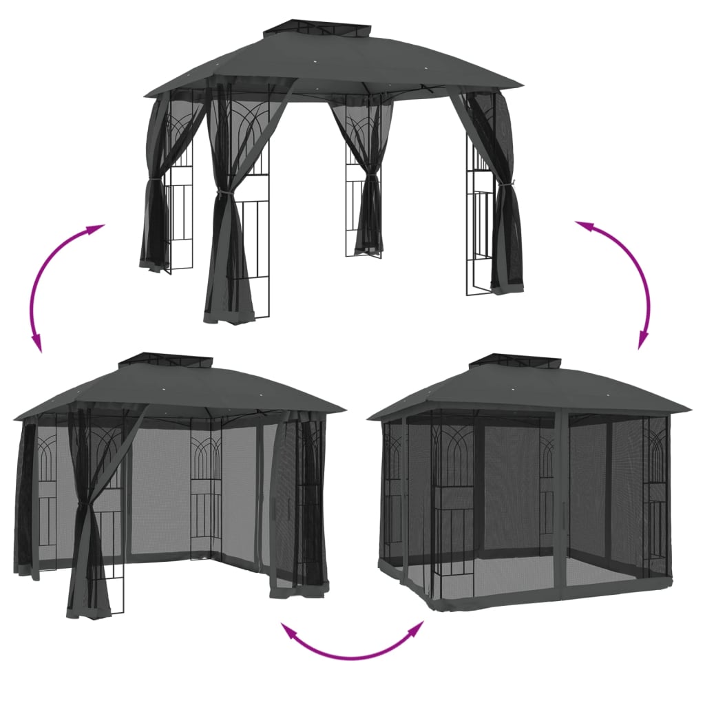 pavillon 2,94x2,94 m dobbelt tag + meshvægge stål antracitgrå