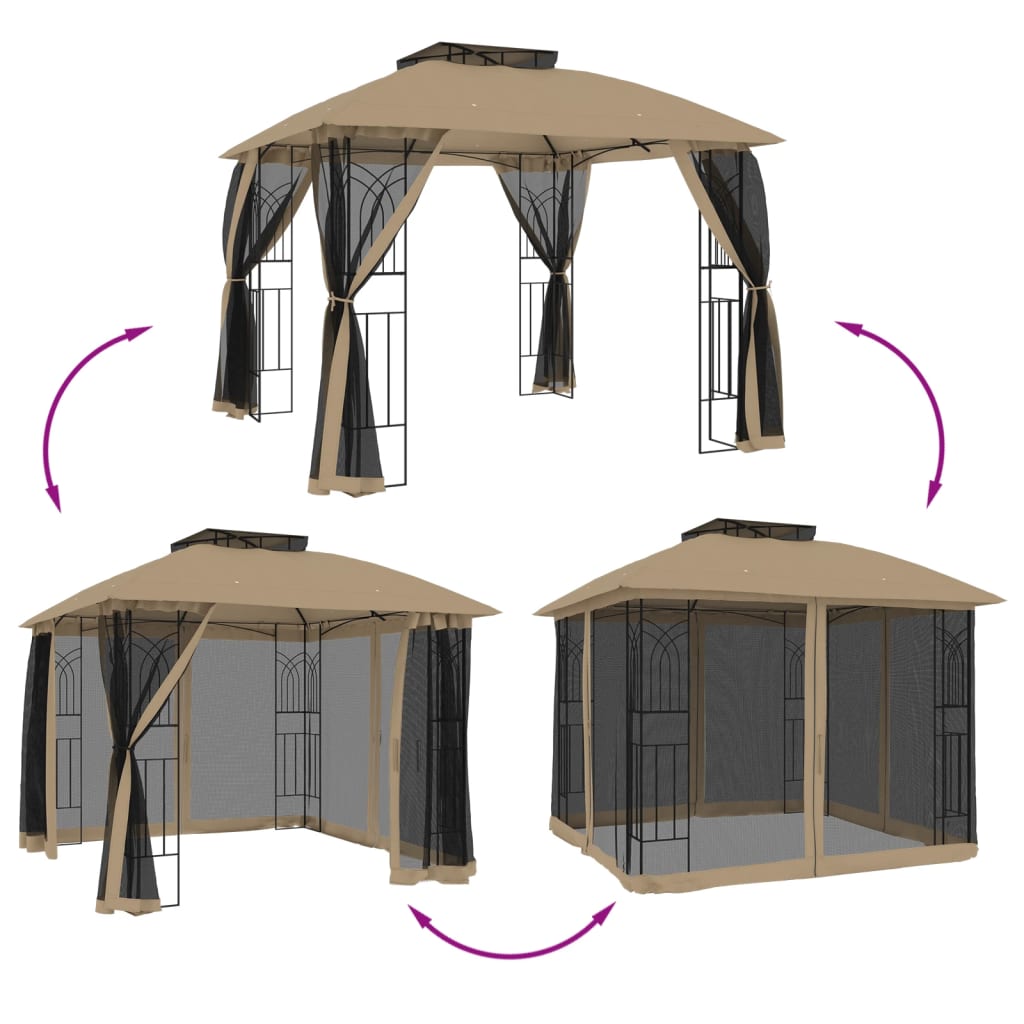 pavillon 2,94x2,94 m dobbelt tag + meshvægge stål gråbrun