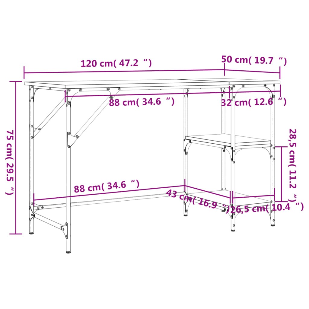 skrivebord 120x50x75 cm metal og konstrueret træ sort