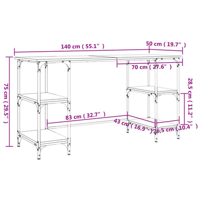 skrivebord 140x50x75 cm metal og konstrueret træ brunt egetræ