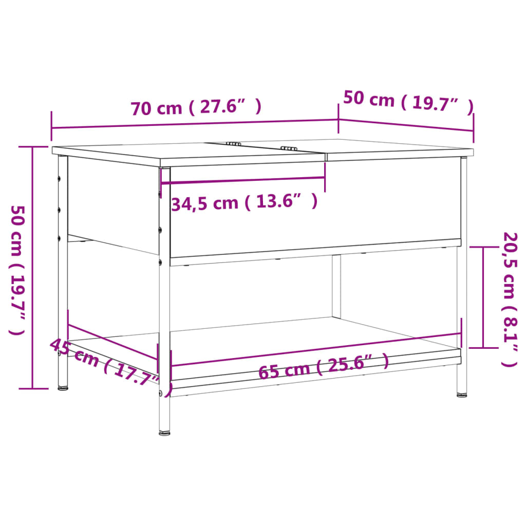 sofabord 70x50x50 cm konstrueret træ og metal sonoma-eg