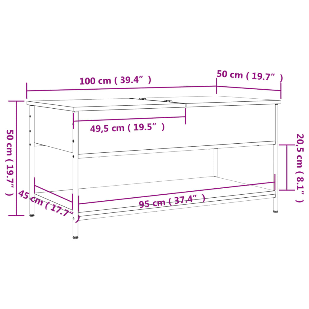 sofabord 100x50x50 cm konstrueret træ og metal sonoma-eg